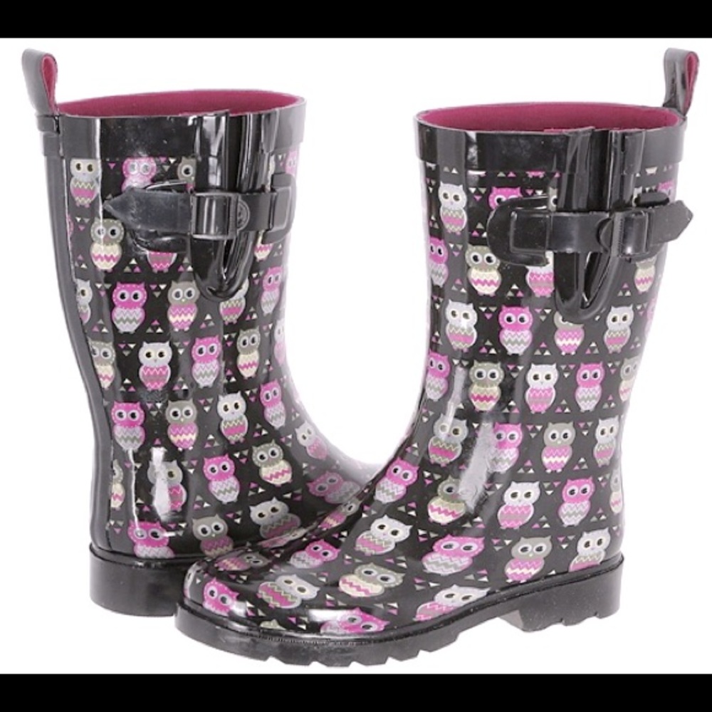 Tall Black Owl Rain Boots